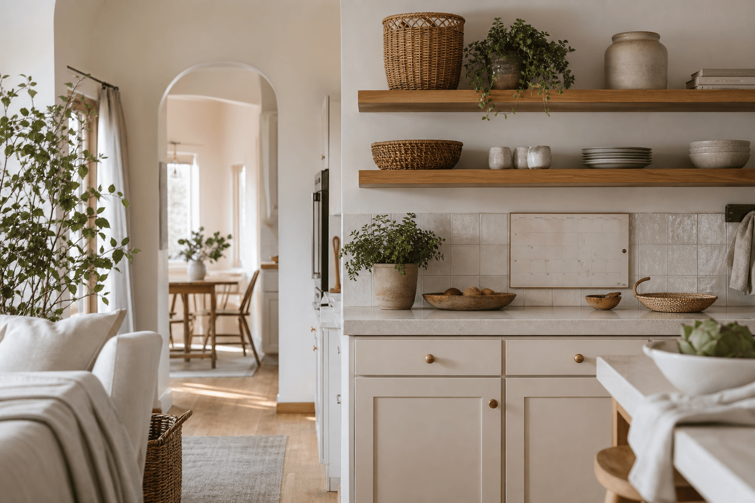 A sunlit, organized kitchen with open wooden shelves and woven baskets